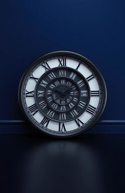 A beautifully designed clock lying flat on a black floor, featuring Roman numerals displayed around its perimeter