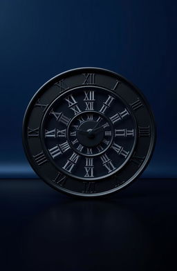 A beautifully designed clock lying flat on a black floor, featuring Roman numerals displayed around its perimeter