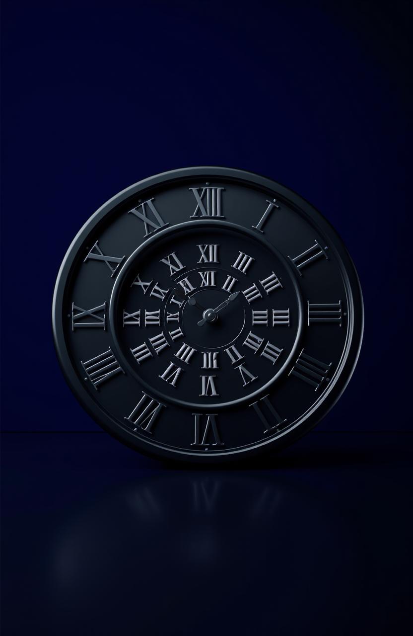 A beautifully designed clock lying flat on a black floor, featuring Roman numerals displayed around its perimeter