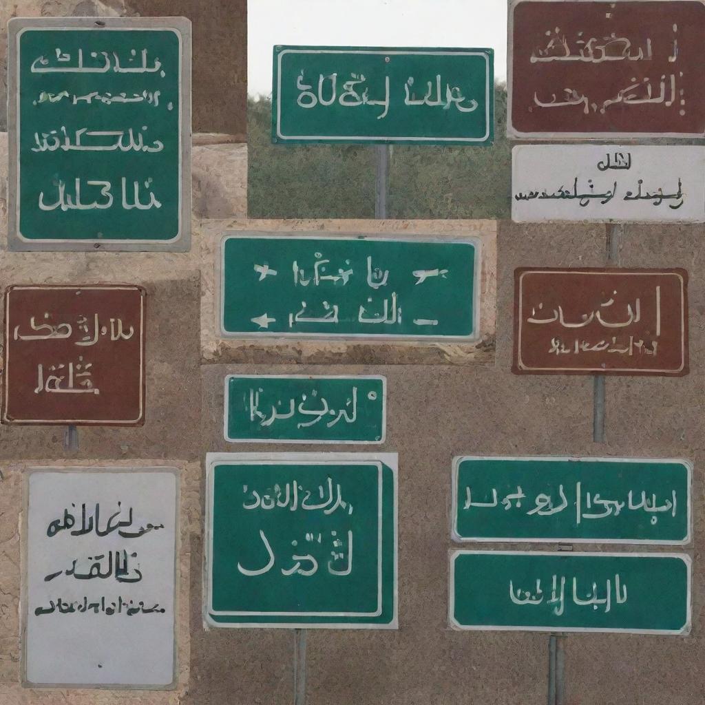 A variety of Saudi Arabian street signs, showcasing unique Arabic script and designs specific to the region.