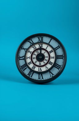 A surreal clock lying on a black floor, featuring Roman numeral markings on its face