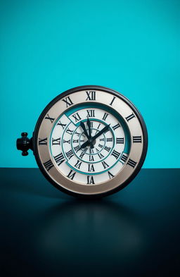 A surreal clock lying on a black floor, featuring Roman numeral markings on its face