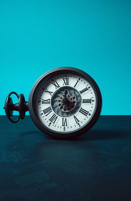 A surreal clock lying on a black floor, featuring Roman numeral markings on its face