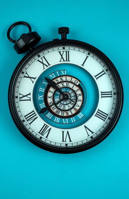 A surreal clock lying on a black floor, featuring Roman numeral markings on its face