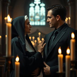 A passionate and secretive romance unfolds between a young nun novice, 18 years old, wearing a traditional black habit, and a successful, handsome man dressed in a sharp black suit and tie