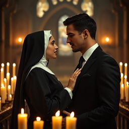 A passionate and secretive romance unfolds between a young nun novice, 18 years old, wearing a traditional black habit, and a successful, handsome man dressed in a sharp black suit and tie