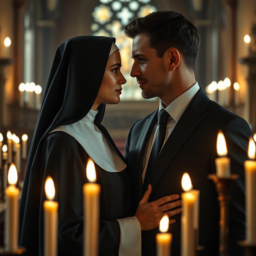 A passionate and secretive romance unfolds between a young nun novice, 18 years old, wearing a traditional black habit, and a successful, handsome man dressed in a sharp black suit and tie