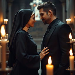 A passionate and secretive romance unfolds between a young nun novice, 18 years old, wearing a traditional black habit, and a successful, handsome man dressed in a sharp black suit and tie