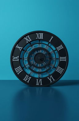 A striking visual of a unique clock situated flat on a black floor, featuring Roman numerals elegantly crafted around its circumference