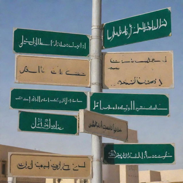 A variety of Saudi Arabian street signs, showcasing unique Arabic script and designs specific to the region.