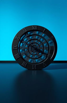 A striking visual of a unique clock situated flat on a black floor, featuring Roman numerals elegantly crafted around its circumference