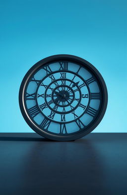 A striking visual of a unique clock situated flat on a black floor, featuring Roman numerals elegantly crafted around its circumference