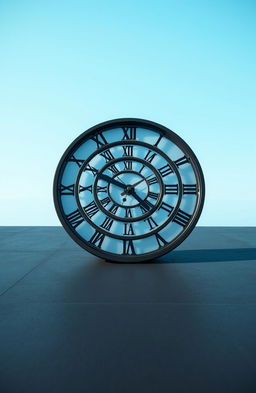 A striking visual of a unique clock situated flat on a black floor, featuring Roman numerals elegantly crafted around its circumference