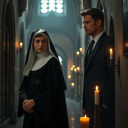 A captivating and mysterious scene depicting a young, beautiful nun, 18 years old, dressed in an elegant traditional habit, her expression a mix of innocence and curiosity, standing in a dimly lit, atmospheric convent hallway