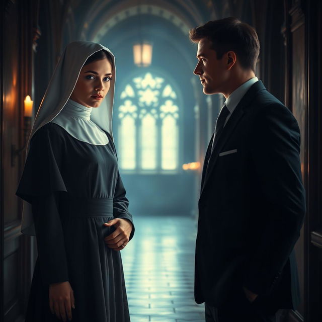 A captivating and mysterious scene depicting a young, beautiful nun, 18 years old, dressed in an elegant traditional habit, her expression a mix of innocence and curiosity, standing in a dimly lit, atmospheric convent hallway