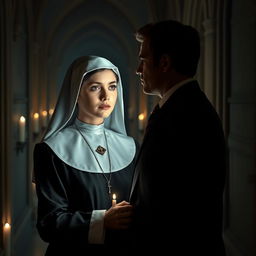 A captivating and mysterious scene depicting a young, beautiful nun, 18 years old, dressed in an elegant traditional habit, her expression a mix of innocence and curiosity, standing in a dimly lit, atmospheric convent hallway