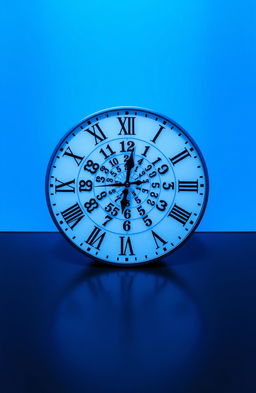 A striking clock placed flat on a black floor, with the numbers represented in Roman numerals arranged in a classic circular pattern