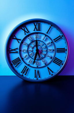 A striking clock placed flat on a black floor, with the numbers represented in Roman numerals arranged in a classic circular pattern