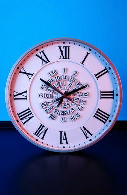 A striking clock placed flat on a black floor, with the numbers represented in Roman numerals arranged in a classic circular pattern