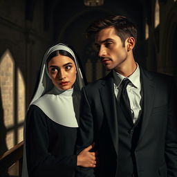 A darkly romantic scene depicting a young novice nun, aged 18, and a successful 35-year-old man dressed in a stylish suit