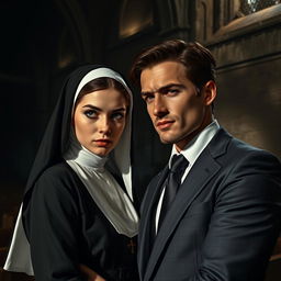 A darkly romantic scene depicting a young novice nun, aged 18, and a successful 35-year-old man dressed in a stylish suit