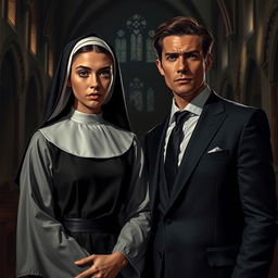 A darkly romantic scene depicting a young novice nun, aged 18, and a successful 35-year-old man dressed in a stylish suit