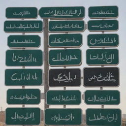 A variety of Saudi Arabian street signs, showcasing unique Arabic script and designs specific to the region.