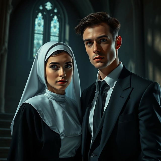 A darkly romantic scene depicting a young novice nun, aged 18, and a successful 35-year-old man dressed in a stylish suit