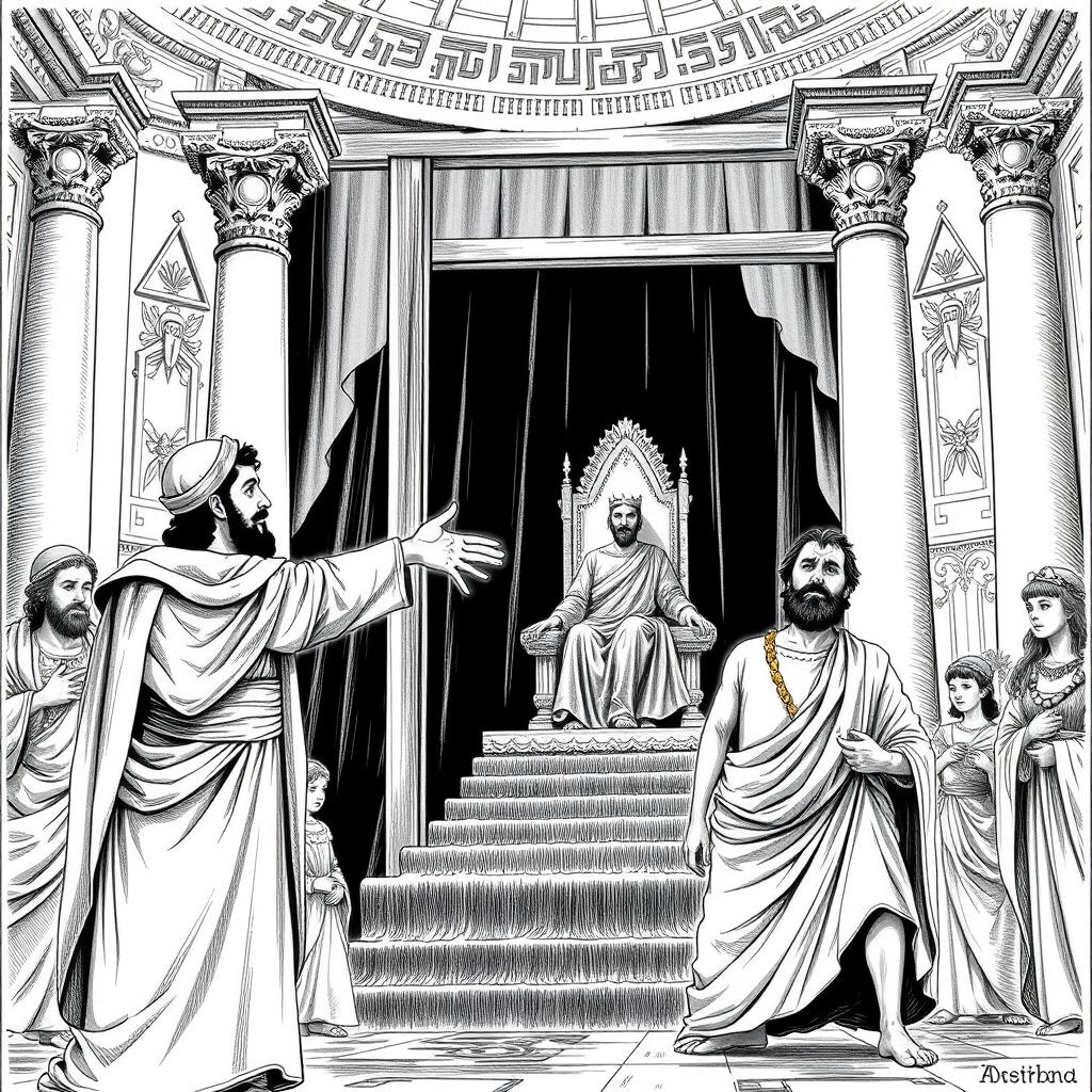 A detailed black and white illustration depicting the dramatic scene of Haman's execution