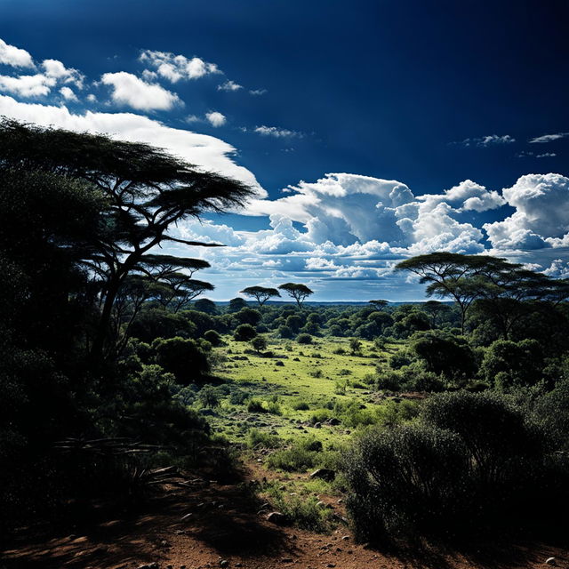 Vibrant high-definition cinema photography style shot of an African landscape with perfect and intense lighting effects.