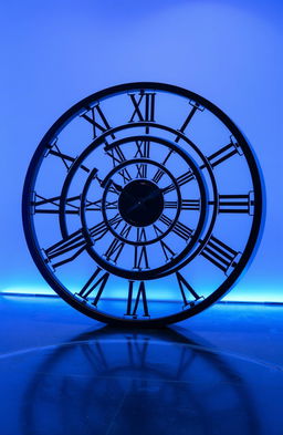 A surreal and creative clock displayed on a black floor, featuring Roman numeral markings