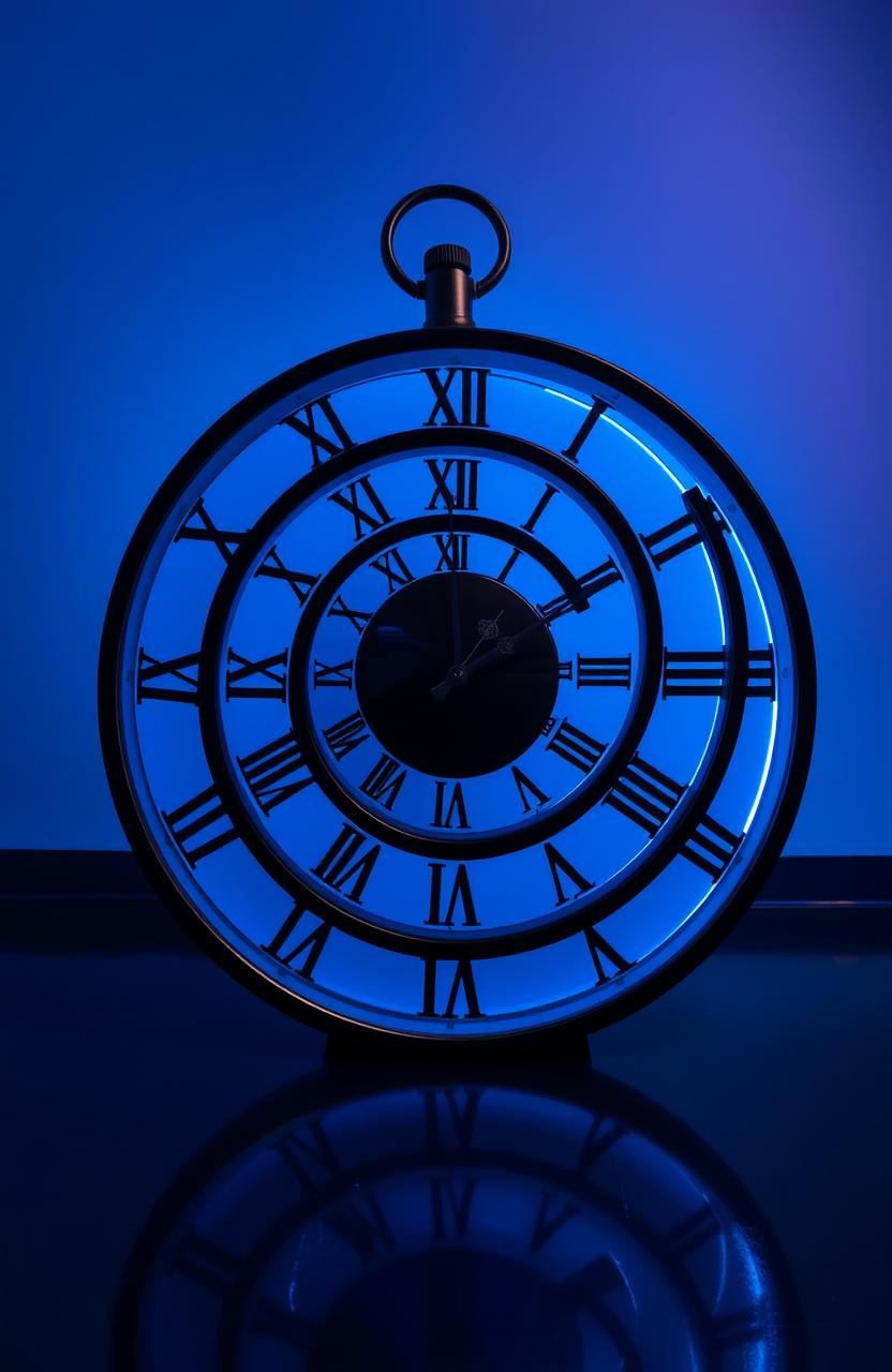 A surreal and creative clock displayed on a black floor, featuring Roman numeral markings