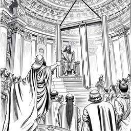 A detailed black and white illustration depicting the dramatic scene of Haman's execution