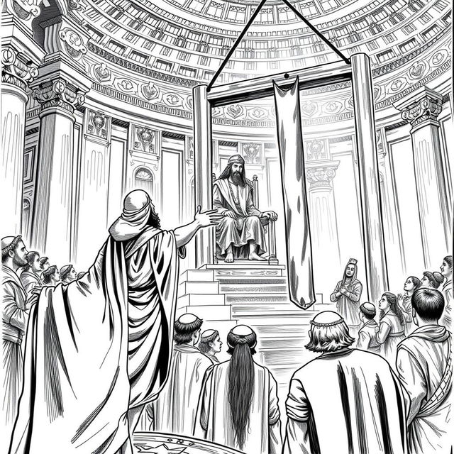 A detailed black and white illustration depicting the dramatic scene of Haman's execution