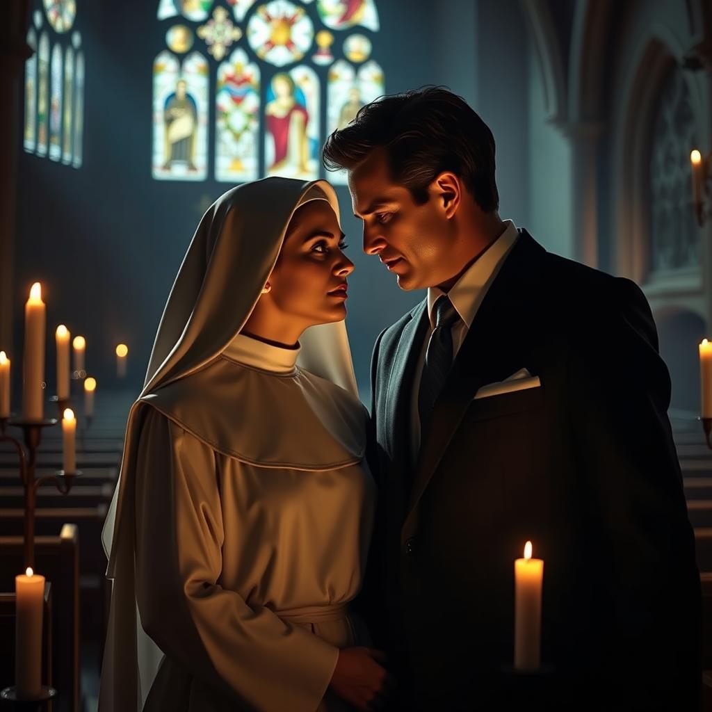 A secretive romantic encounter between a young 18-year-old novice nun in a flowing, traditional nun's habit and a sophisticated, successful 45-year-old man dressed in a sharp, tailored suit