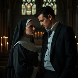 A secretive romantic encounter between a young 18-year-old novice nun in a flowing, traditional nun's habit and a sophisticated, successful 45-year-old man dressed in a sharp, tailored suit