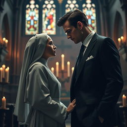 A secretive romantic encounter between a young 18-year-old novice nun in a flowing, traditional nun's habit and a sophisticated, successful 45-year-old man dressed in a sharp, tailored suit