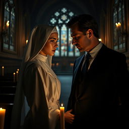 A secretive romantic encounter between a young 18-year-old novice nun in a flowing, traditional nun's habit and a sophisticated, successful 45-year-old man dressed in a sharp, tailored suit