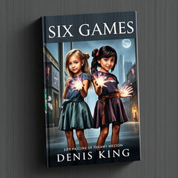 A captivating book cover for 'SIX GAMES' featuring two young girls standing side by side, their hands illuminated with a range of arcane magic flowing gracefully over them, reflecting a sense of wonder and enchantment