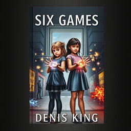 A captivating book cover for 'SIX GAMES' featuring two young girls standing side by side, their hands illuminated with a range of arcane magic flowing gracefully over them, reflecting a sense of wonder and enchantment