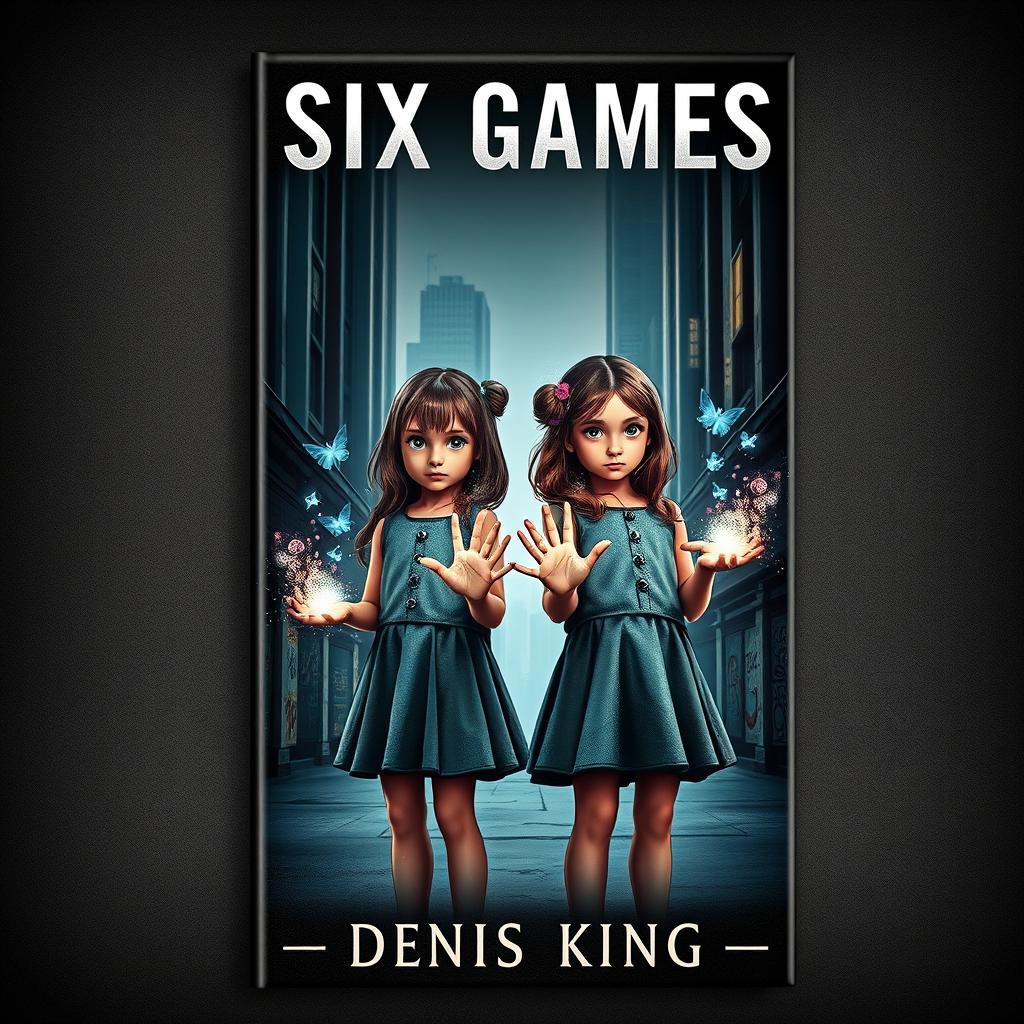 A captivating book cover for 'SIX GAMES' featuring two young girls standing side by side, their hands illuminated with a range of arcane magic flowing gracefully over them, reflecting a sense of wonder and enchantment