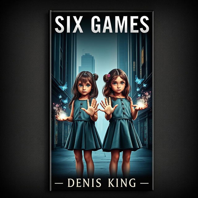 A captivating book cover for 'SIX GAMES' featuring two young girls standing side by side, their hands illuminated with a range of arcane magic flowing gracefully over them, reflecting a sense of wonder and enchantment