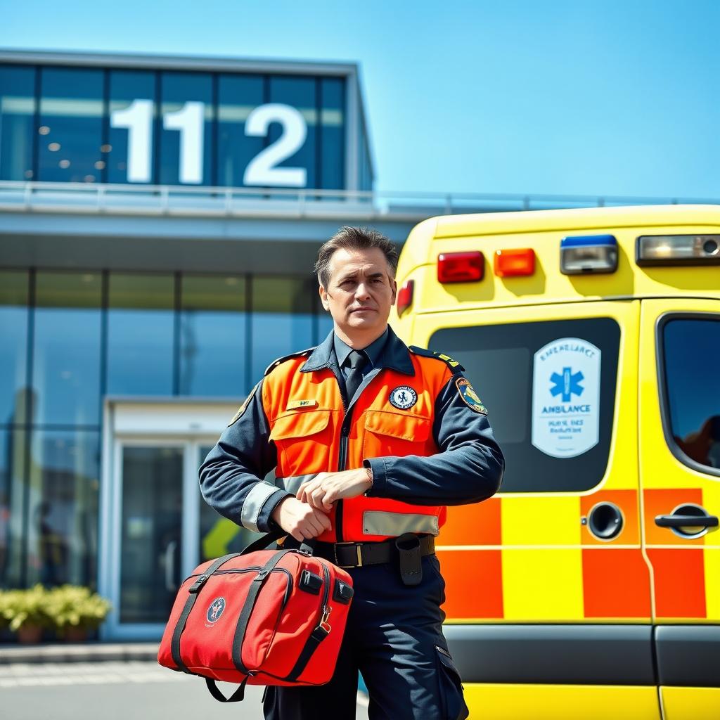 A scene depicting a paramedic in uniform standing next to an ambulance, with the vibrant colors of the ambulance design prominently visible