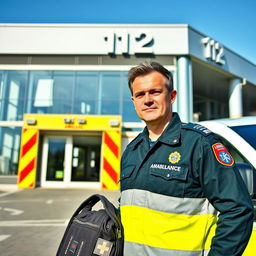 A scene depicting a paramedic in uniform standing next to an ambulance, with the vibrant colors of the ambulance design prominently visible