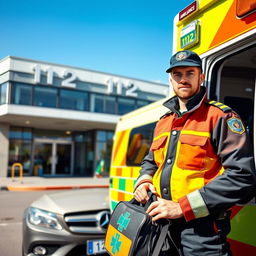 A scene depicting a paramedic in uniform standing next to an ambulance, with the vibrant colors of the ambulance design prominently visible