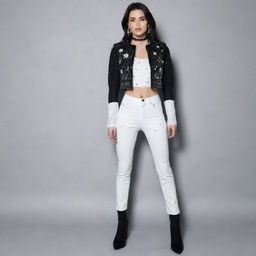 A fashion ensemble featuring a white long-sleeve crop top embroidered with sparkling stars, paired with a black leather vest and high-waisted flared pants. Outfit is complemented with shiny black high heel boots, choker necklaces, earrings, rings, bracelets with silver accents, and high hair ties.