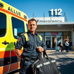 A scene depicting a paramedic in uniform standing next to an ambulance, with the vibrant colors of the ambulance design prominently visible