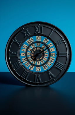 A surreal black clock lying flat on a black floor, featuring prominent Roman numerals elegantly crafted around its edge