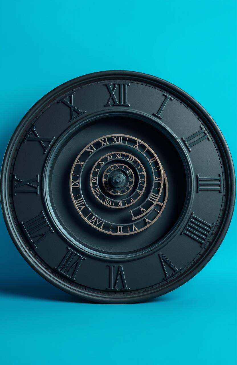 A surreal black clock lying flat on a black floor, featuring prominent Roman numerals elegantly crafted around its edge