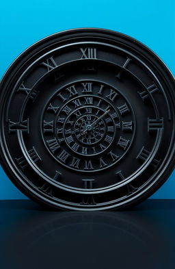 A surreal black clock lying flat on a black floor, featuring prominent Roman numerals elegantly crafted around its edge